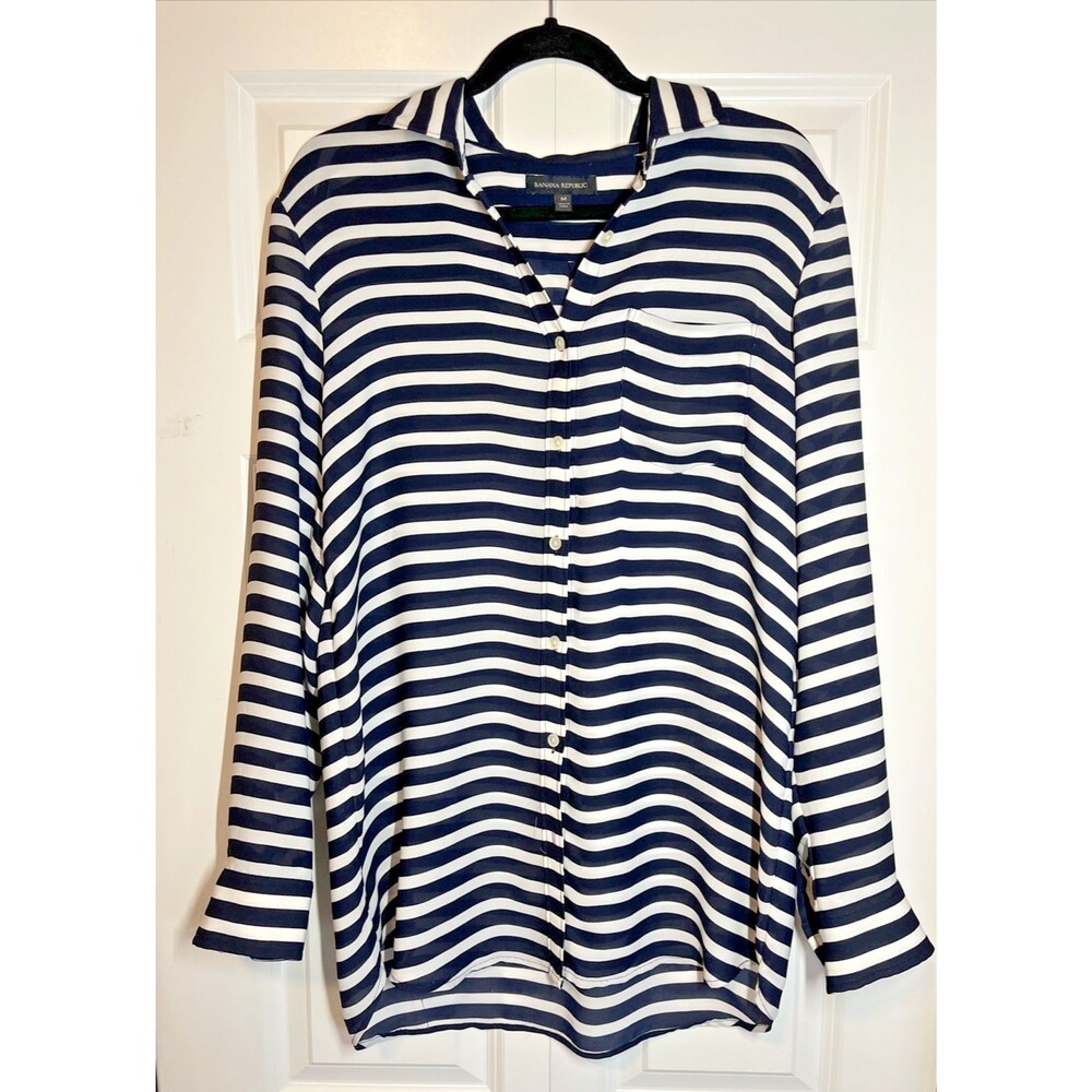 Banana Republic Navy Blue White Striped Button Down Shirt Sheer Nautical M